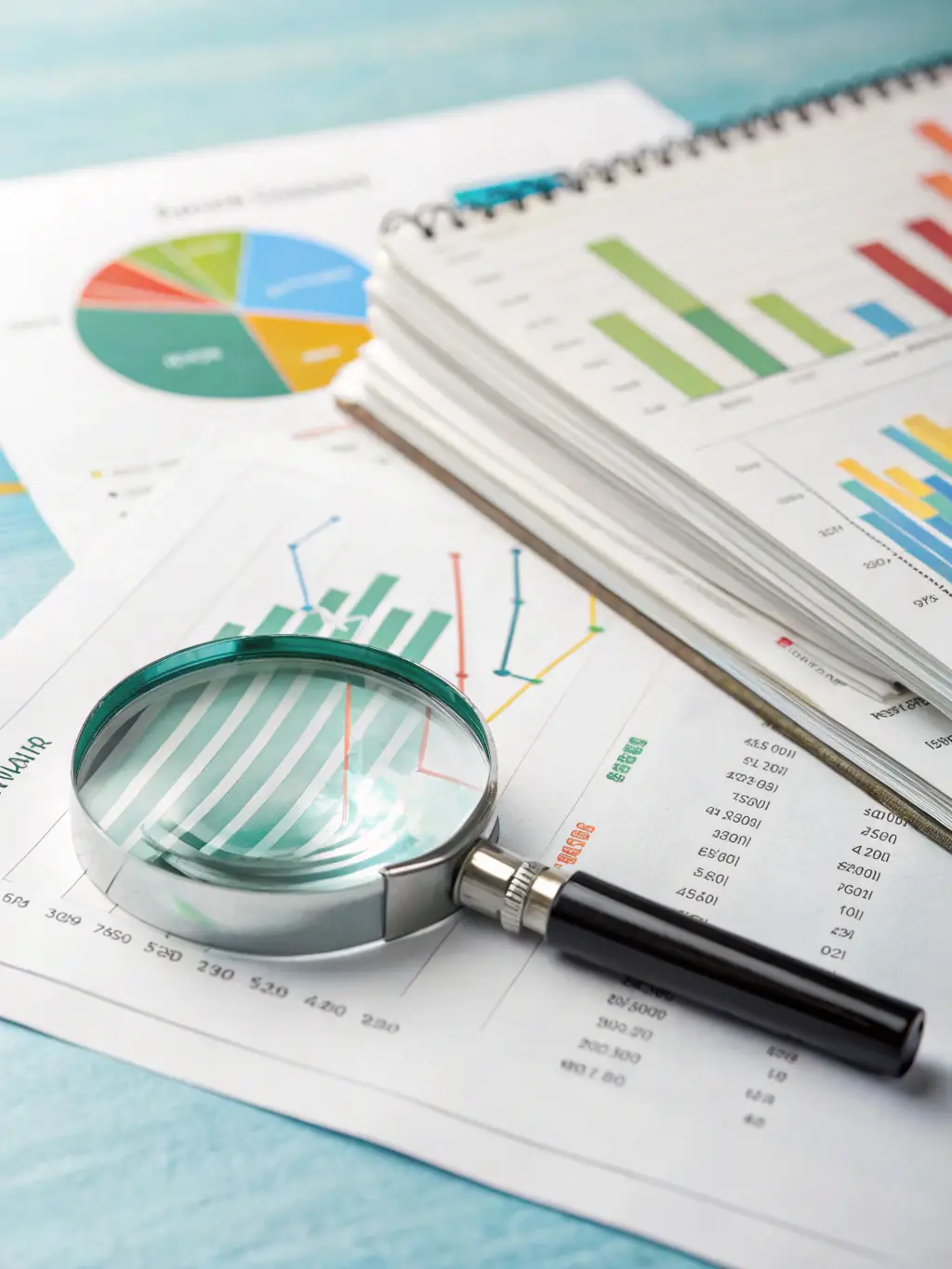 A close-up image of a magnifying glass over a complex financial document, symbolizing the detailed investigation involved in asset recovery.
